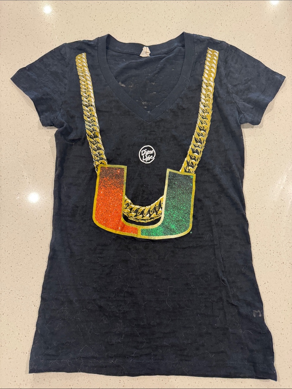 Dyme Lyfe Black V-Neck Graphic Tee Gold Chain orange-Green U Miami Hurricanes